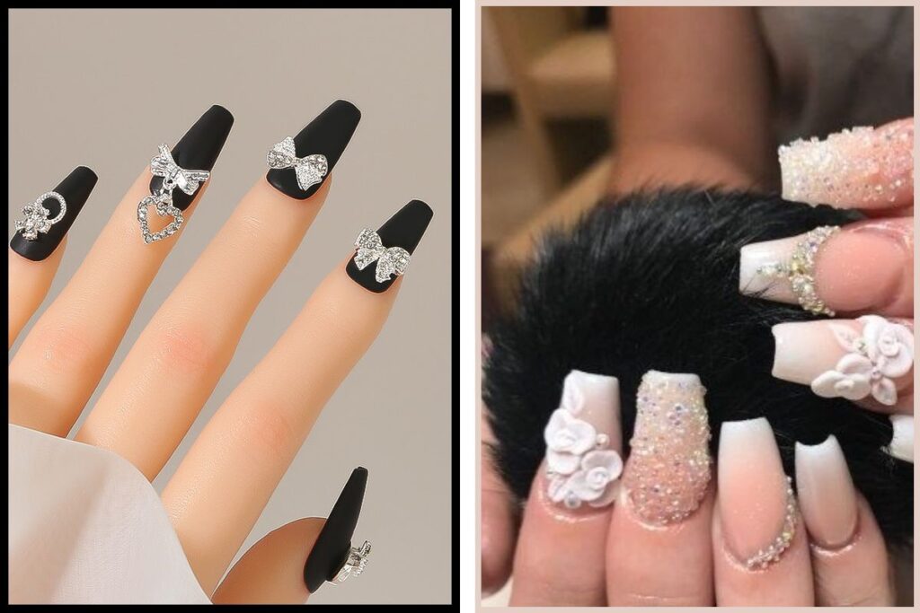 As inspirações de unhas decoradas com aplicações 3D continuam com força total em 2025. Pedrinhas, pérolas, pequenos desenhos em resina e até flores e folhagens dão um toque de luxo e sofisticação às unhas. Essas decorações são ideais para ocasiões especiais, como, por exemplo: casamentos, festas e eventos formais, onde você quer brilhar de forma única.